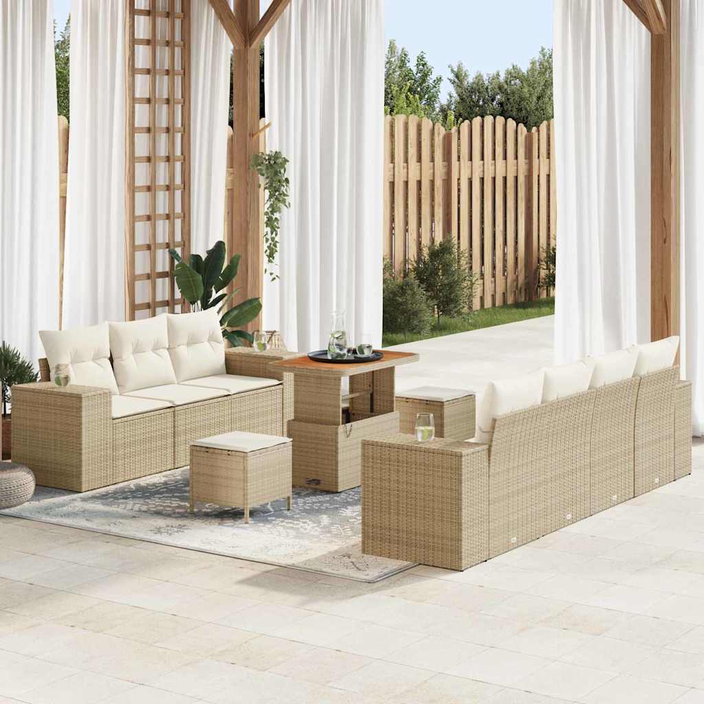 Gartensofa-set mit Kissen 10 pcs Beige und Creme Poly Rattan