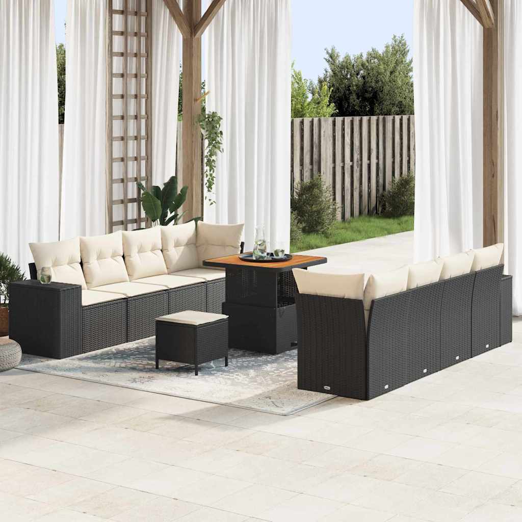 Gartensofa-set mit Kissen 11 pcs Schwarz und Creme Poly-Rattan