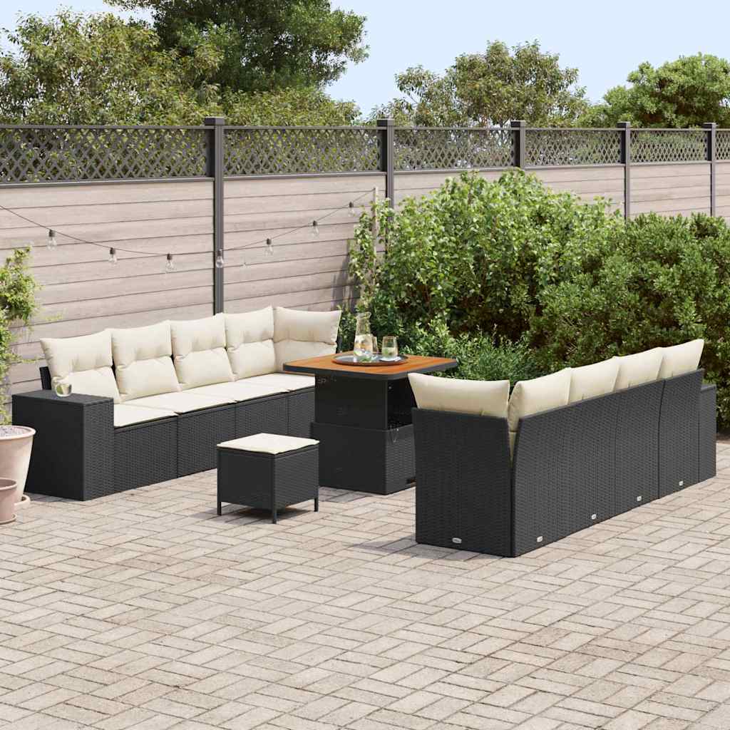 Gartensofa-set mit Kissen 11 pcs Schwarz und Creme Poly-Rattan