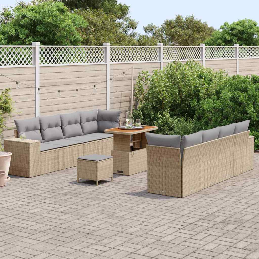 Gartensofa-set mit Kissen 11 pcs Beige und Hellgrau Poly-Rattan
