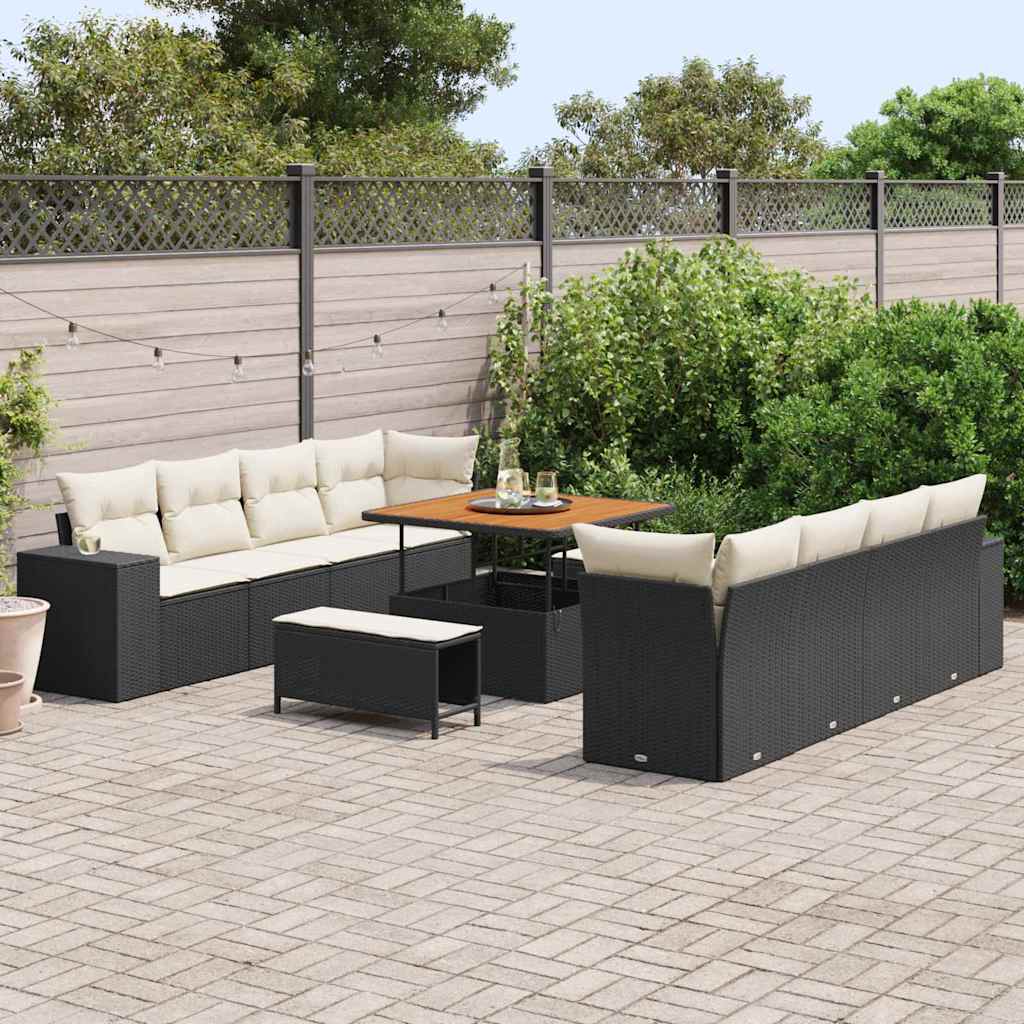 Gartensofa-set mit Kissen 11 pcs Schwarz und Creme Poly-Rattan