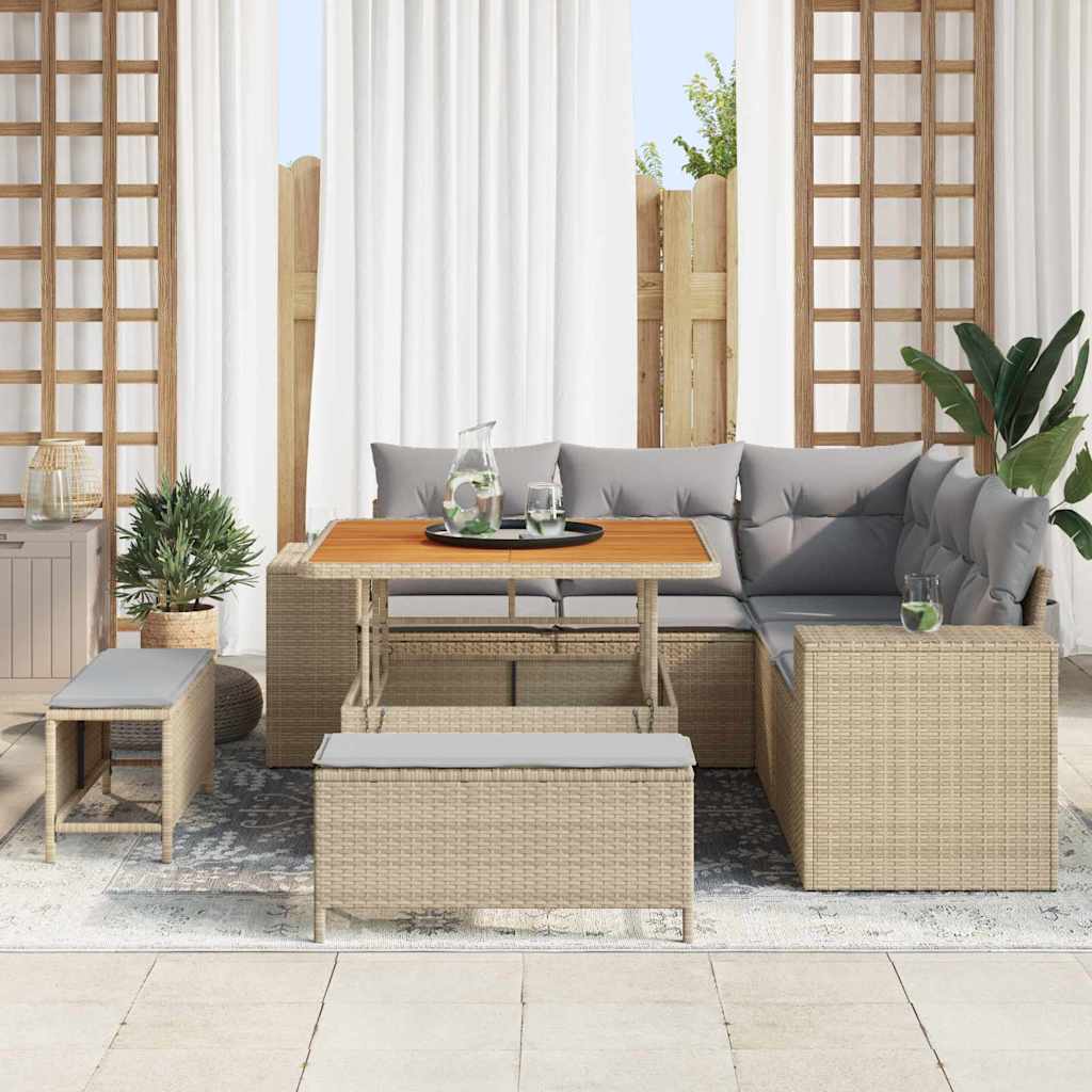Gartensofa-set mit Kissen 8 pcs Beige und Hellgrau Poly-Rattan