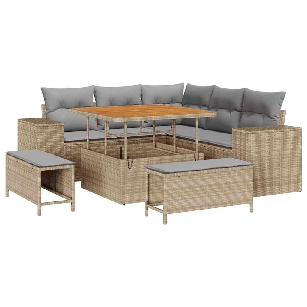 Gartensofa-set mit Kissen 8 pcs Beige und Hellgrau Poly-Rattan