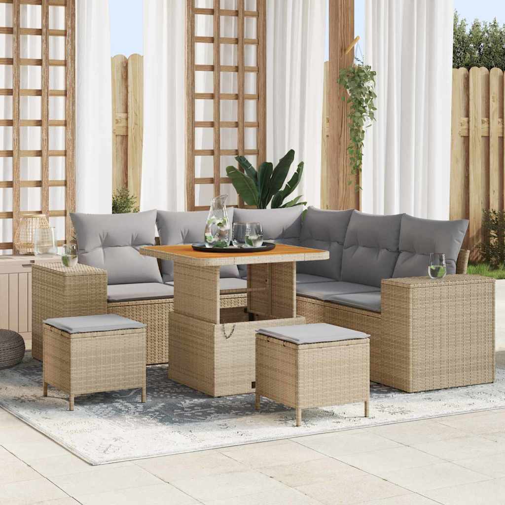 Gartensofa-set mit Kissen 8 pcs Beige und Hellgrau Poly-Rattan