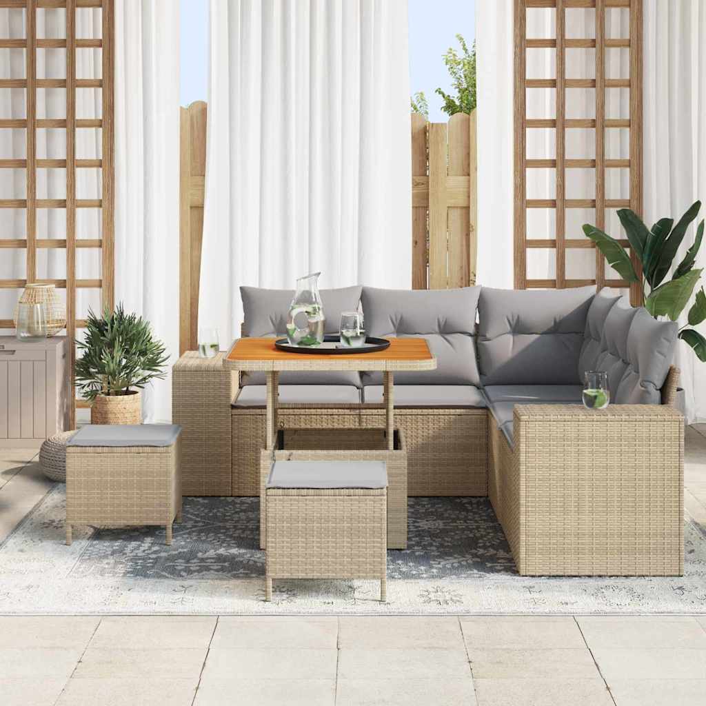 Gartensofa-set mit Kissen 8 pcs Beige und Hellgrau Poly-Rattan