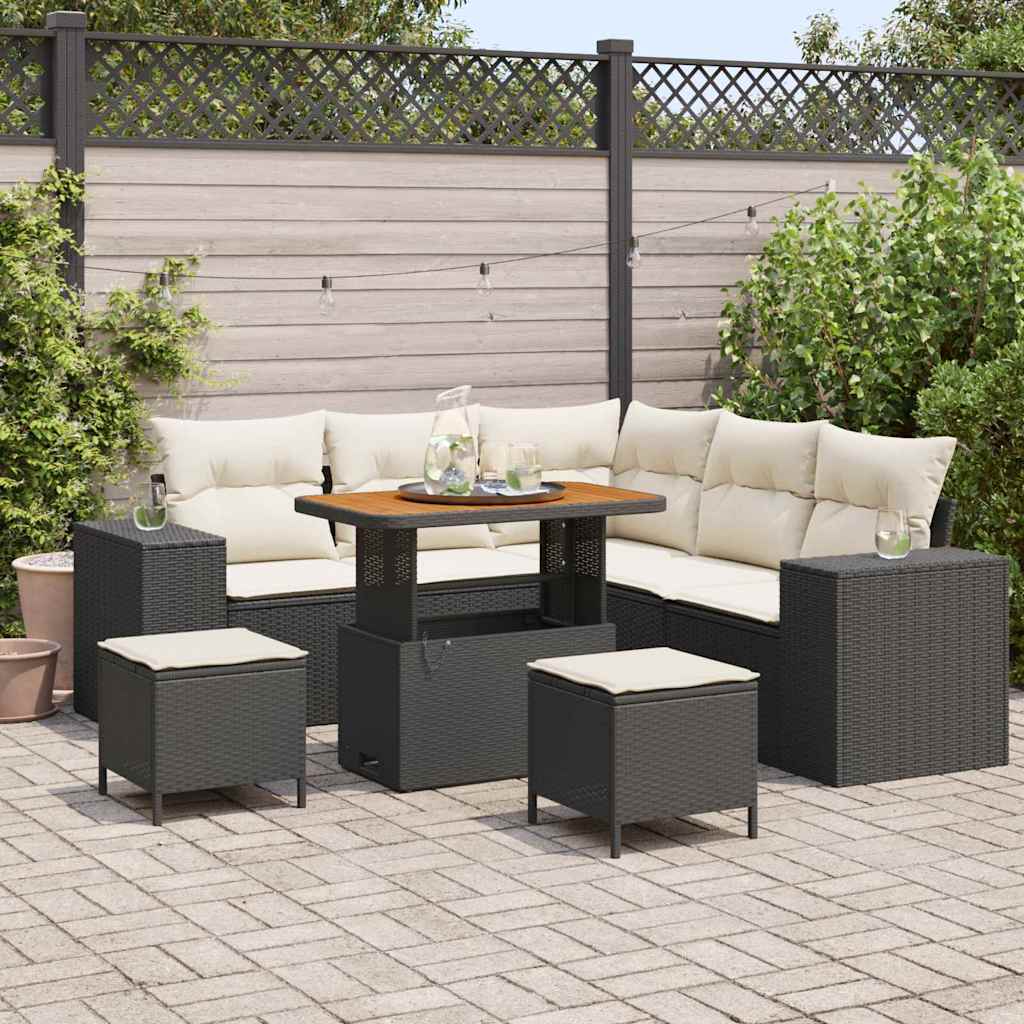 Gartensofa-set mit Kissen 8 pcs Schwarz und Creme Poly-Rattan