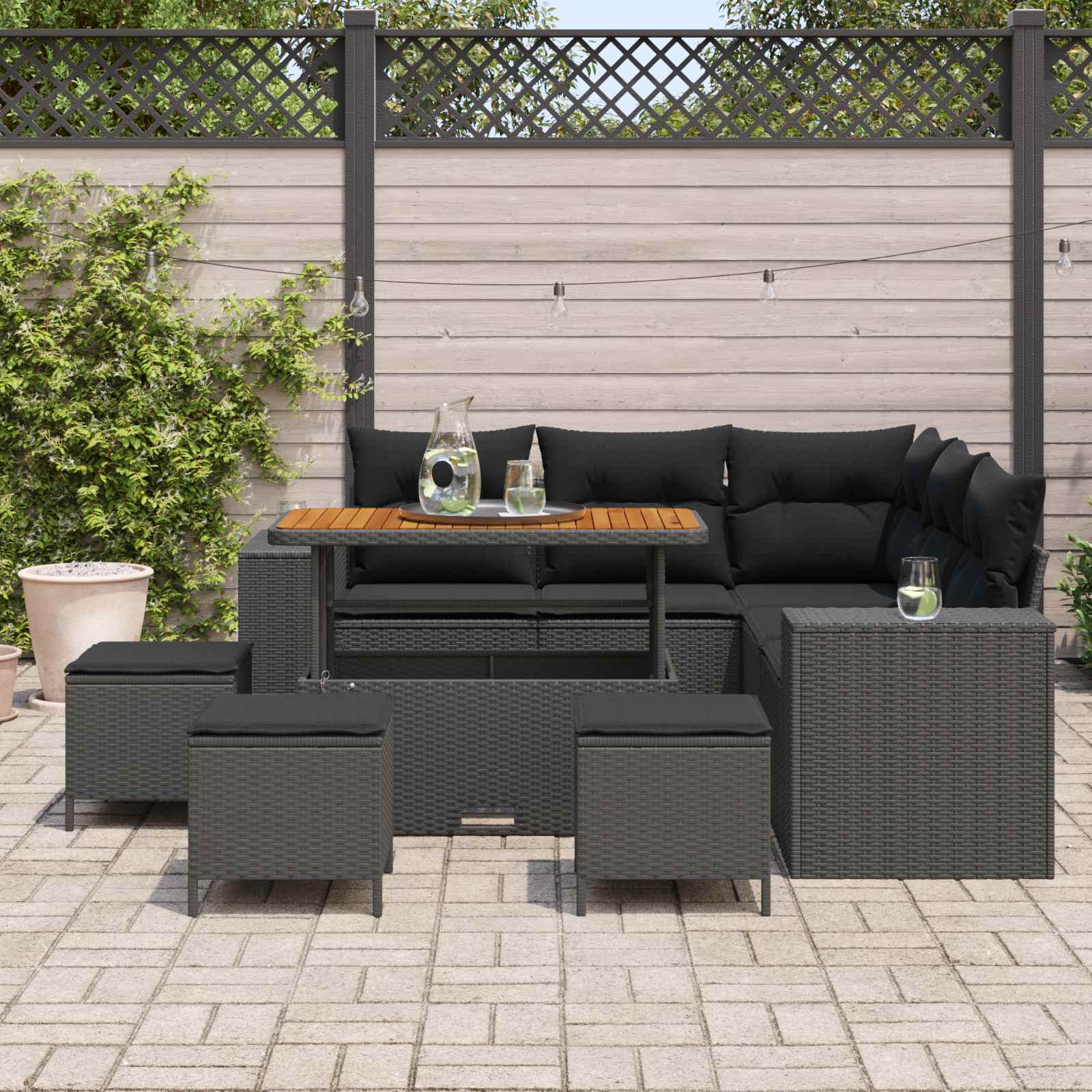 Gartensofa-set mit Kissen 9 pcs Schwarz Poly-Rattan