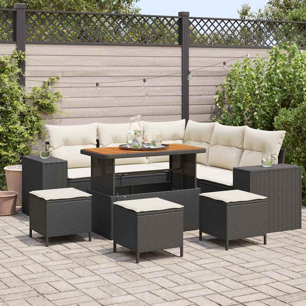 Gartensofa-set mit Kissen 9 pcs Schwarz und Creme Poly-Rattan