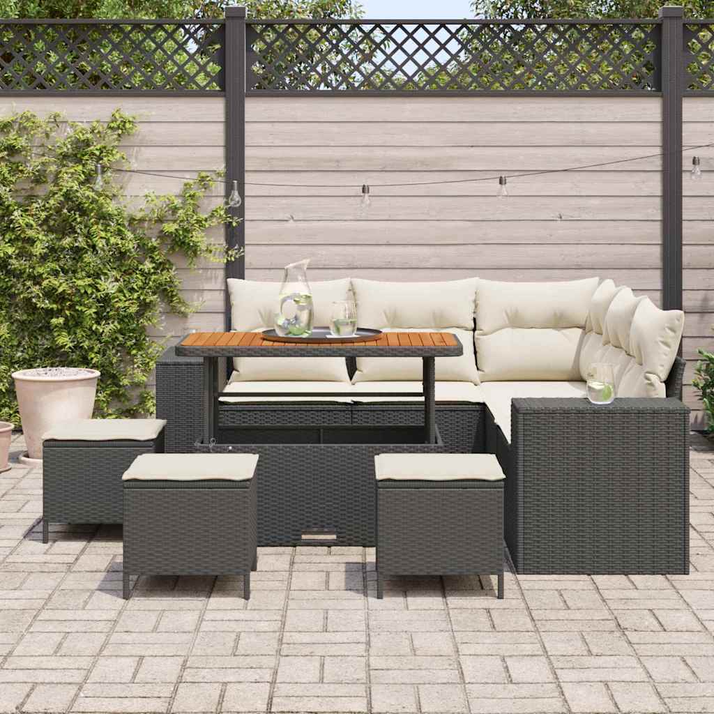 Gartensofa-set mit Kissen 9 pcs Schwarz und Creme Poly-Rattan