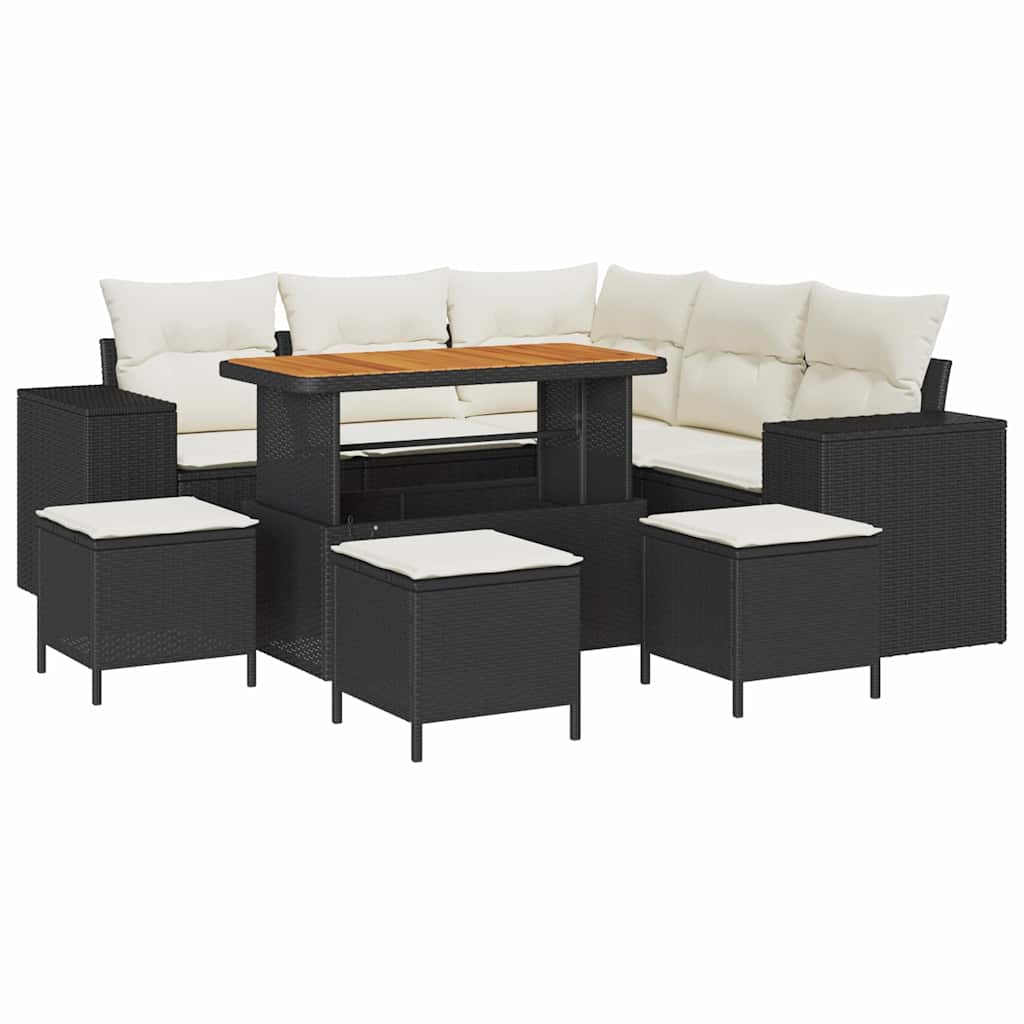 Gartensofa-set mit Kissen 9 pcs Schwarz und Creme Poly-Rattan
