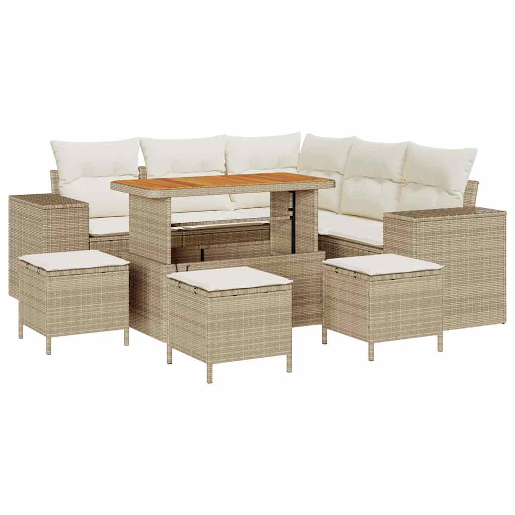 Gartensofa-set mit Kissen 9 pcs Beige und Creme Poly-Rattan