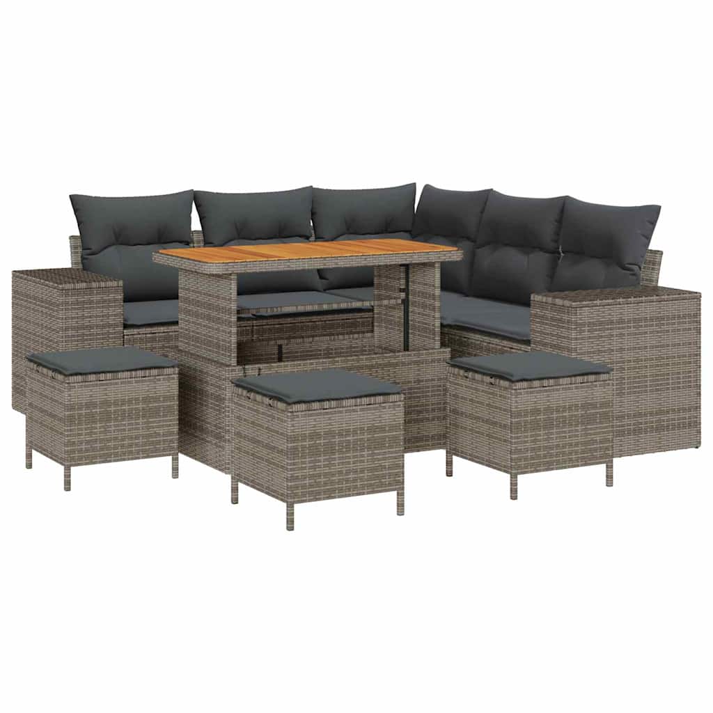 Gartensofa-set mit Kissen mit Speicher 9 pcs Grau Poly-Rattan