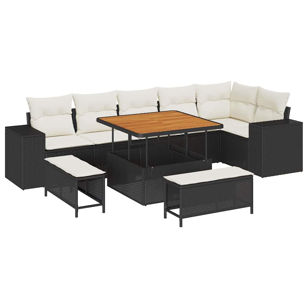 Gartensofa-set mit Kissen 9 pcs Schwarz und Creme Poly-Rattan