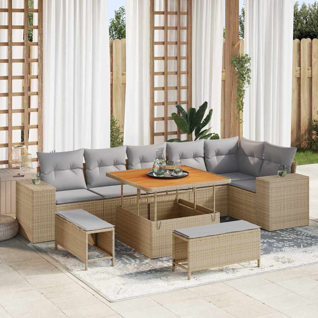 Gartensofa-set mit Kissen 9 pcs Beige und Hellgrau Poly-Rattan