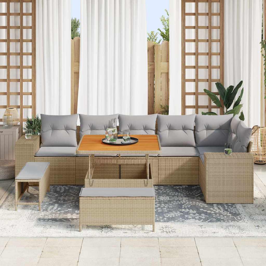 Gartensofa-set mit Kissen 9 pcs Beige und Hellgrau Poly-Rattan