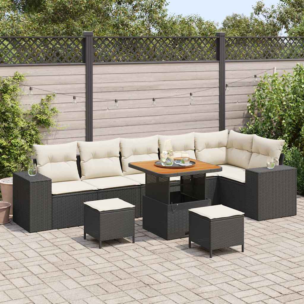 Gartensofa-set mit Kissen 9 pcs Schwarz und Creme Poly-Rattan