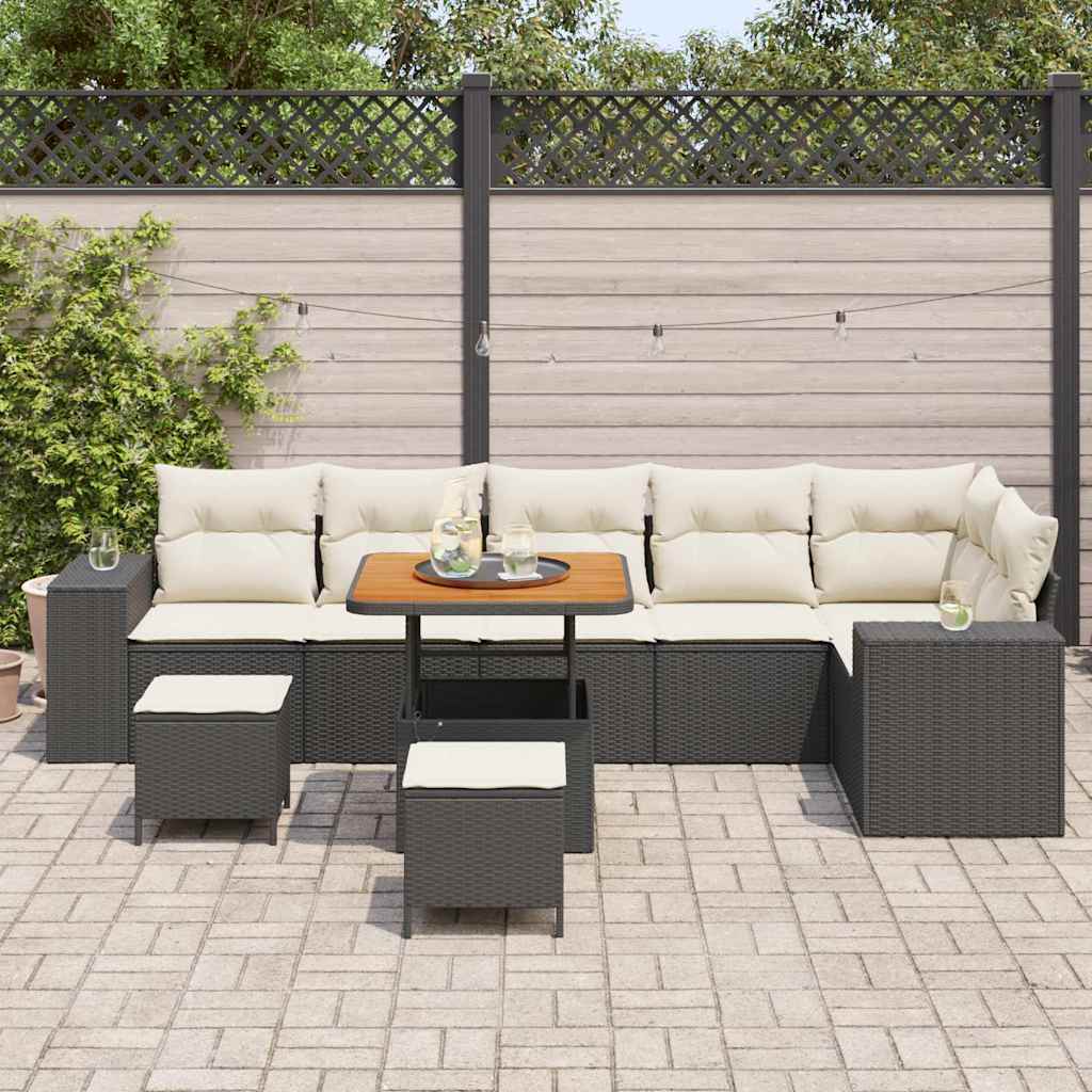 Gartensofa-set mit Kissen 9 pcs Schwarz und Creme Poly-Rattan