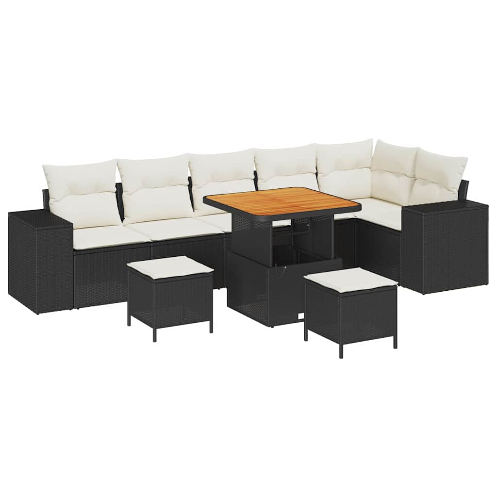 Gartensofa-set mit Kissen 9 pcs Schwarz und Creme Poly-Rattan