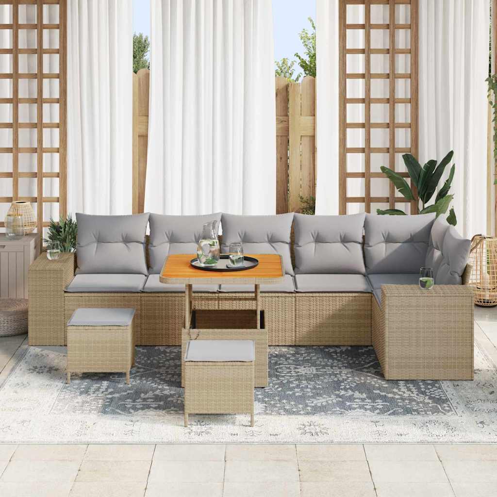 Gartensofa-set mit Kissen 9 pcs Beige und Hellgrau Poly-Rattan
