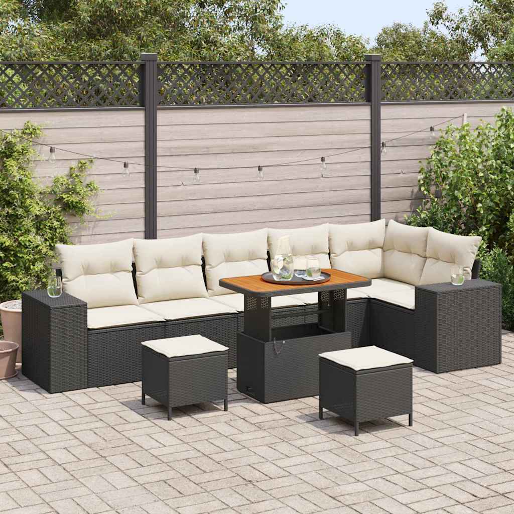 Gartensofa-set mit Kissen 9 pcs Schwarz und Creme Poly-Rattan