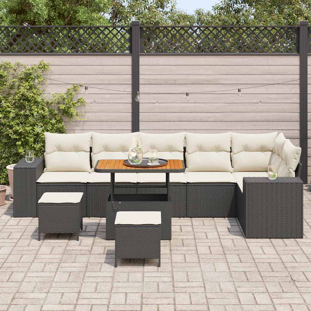 Gartensofa-set mit Kissen 9 pcs Schwarz und Creme Poly-Rattan