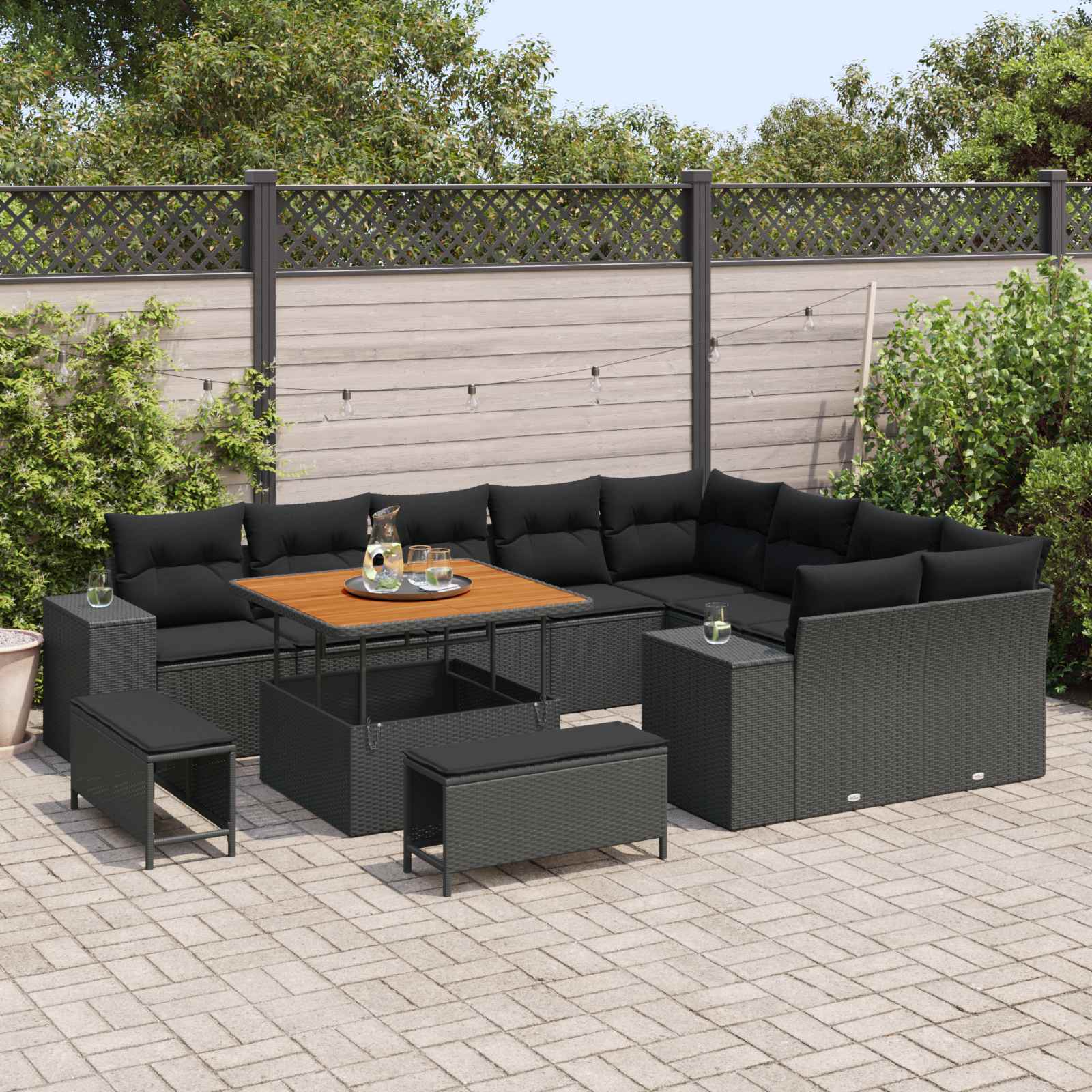 Garten-Sofa-Set mit Kissen mit Speicher 12 pcs Schwarz