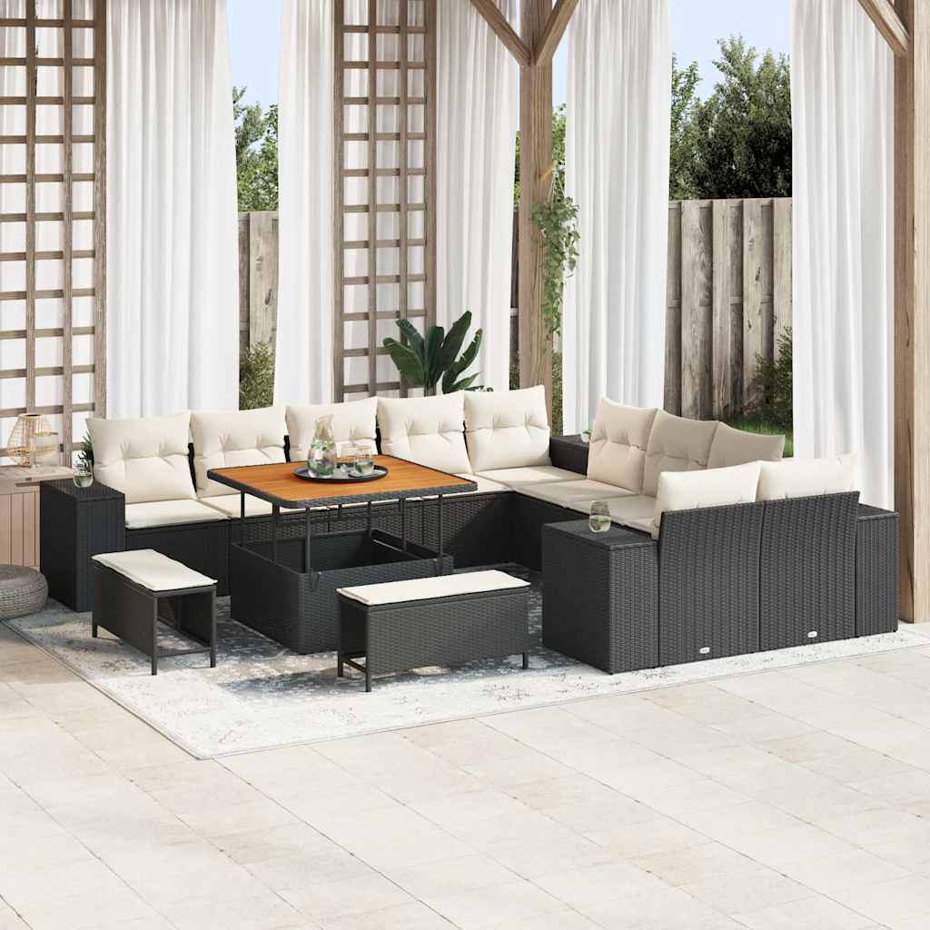 Gartensofa-set mit Kissen 13 pcs Schwarz und Creme Poly-Rattan