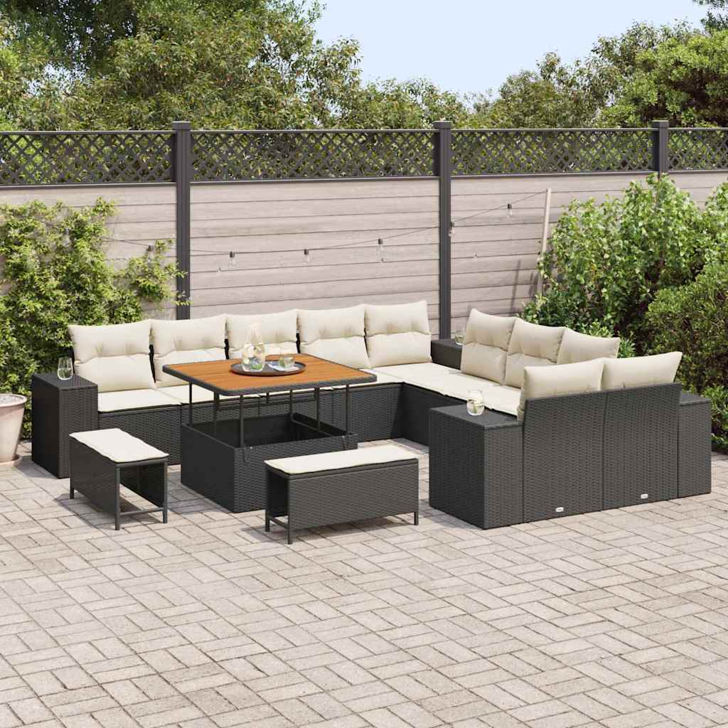 Gartensofa-set mit Kissen 13 pcs Schwarz und Creme Poly-Rattan