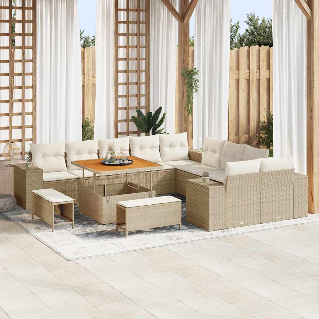 Gartensofa-set mit Kissen 13 pcs Beige und Creme Poly-Rattan