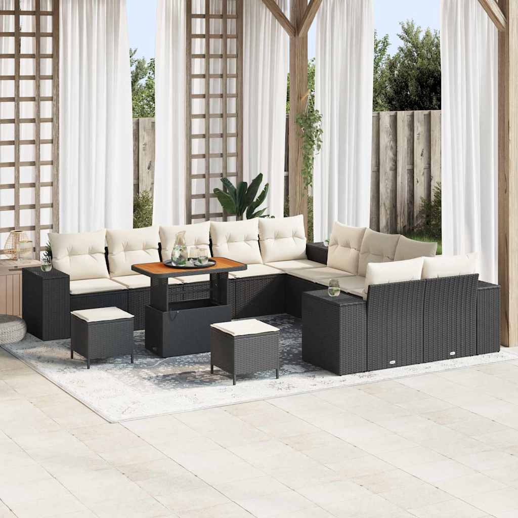 Gartensofa-set mit Kissen 13 pcs Schwarz und Creme Poly-Rattan