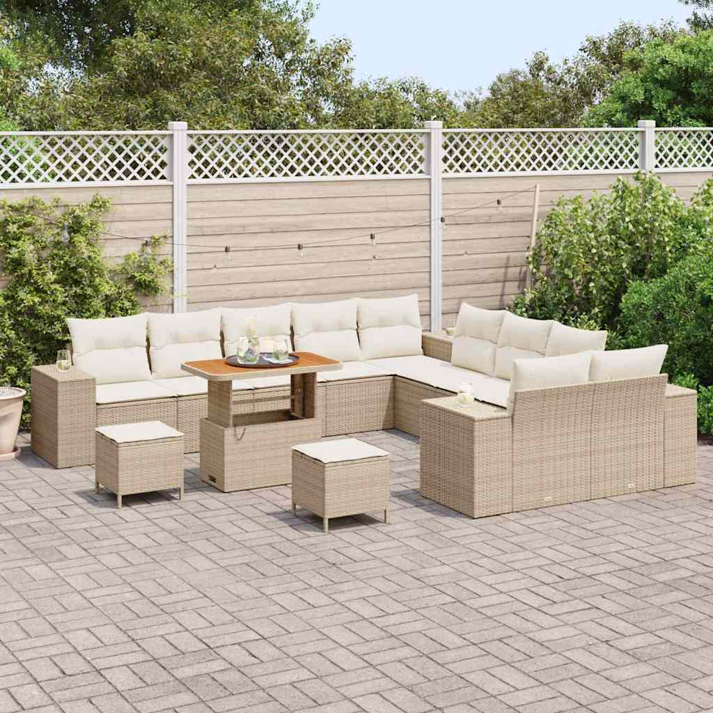 Gartensofa-set mit Kissen 13 pcs Beige und Creme Poly-Rattan