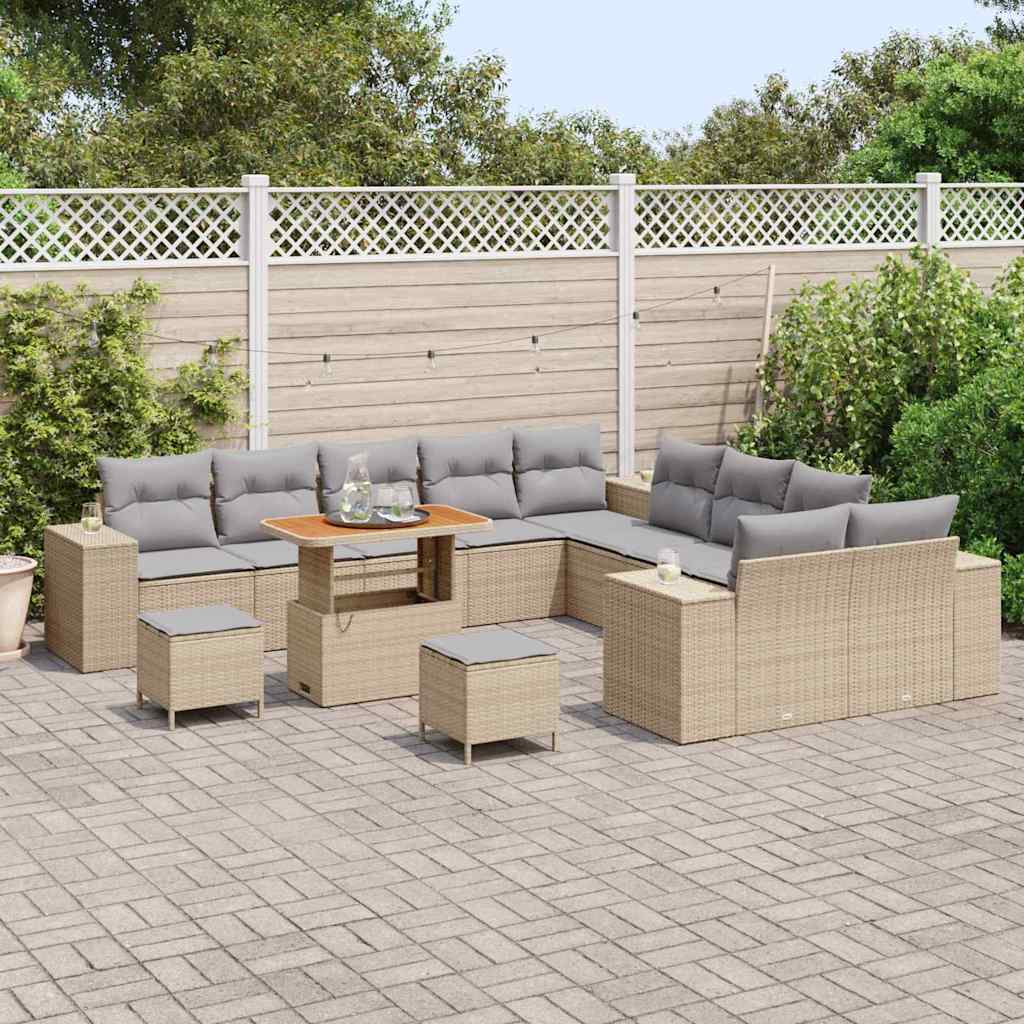 Gartensofa-set mit Kissen 13 pcs Beige und Hellgrau Poly-Rattan
