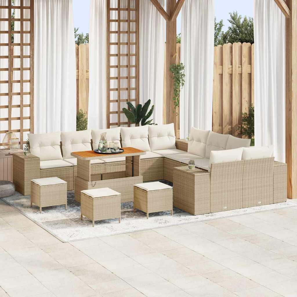 Gartensofa-set mit Kissen 14 pcs Beige und Creme Poly-Rattan