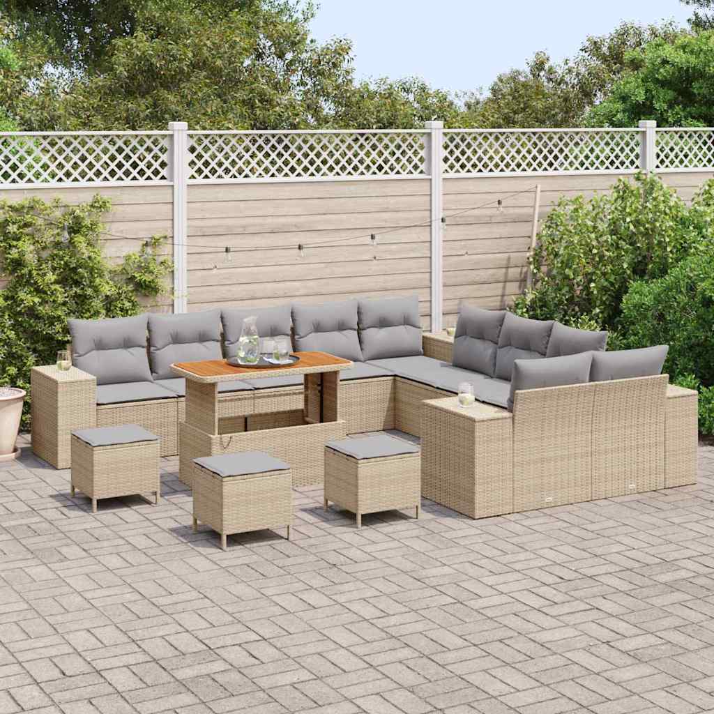 Gartensofa-set mit Kissen 14 pcs Beige und Hellgrau Poly-Rattan