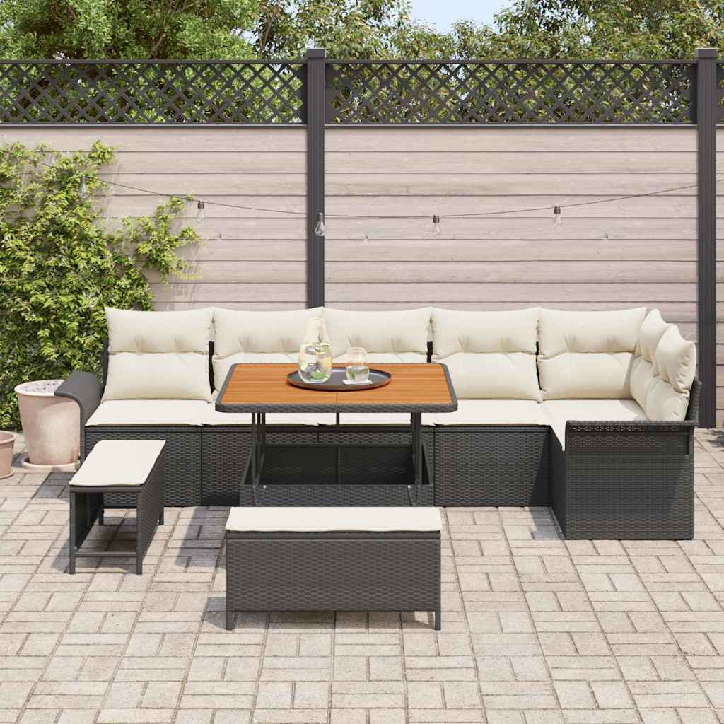 Garten-Sofa-Set mit Kissen mit Speicher 9 pcs Schwarz
