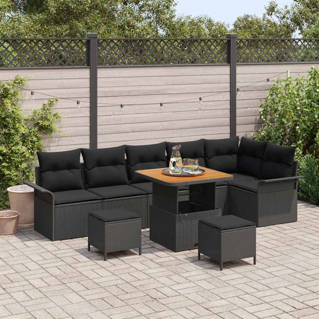 Garten-Sofa-Set mit Kissen mit Speicher 9 pcs Schwarz