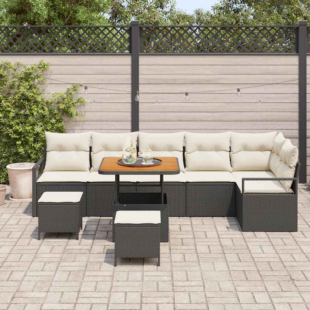 Garten-Sofa-Set mit Kissen mit Speicher 9 pcs Schwarz und Creme
