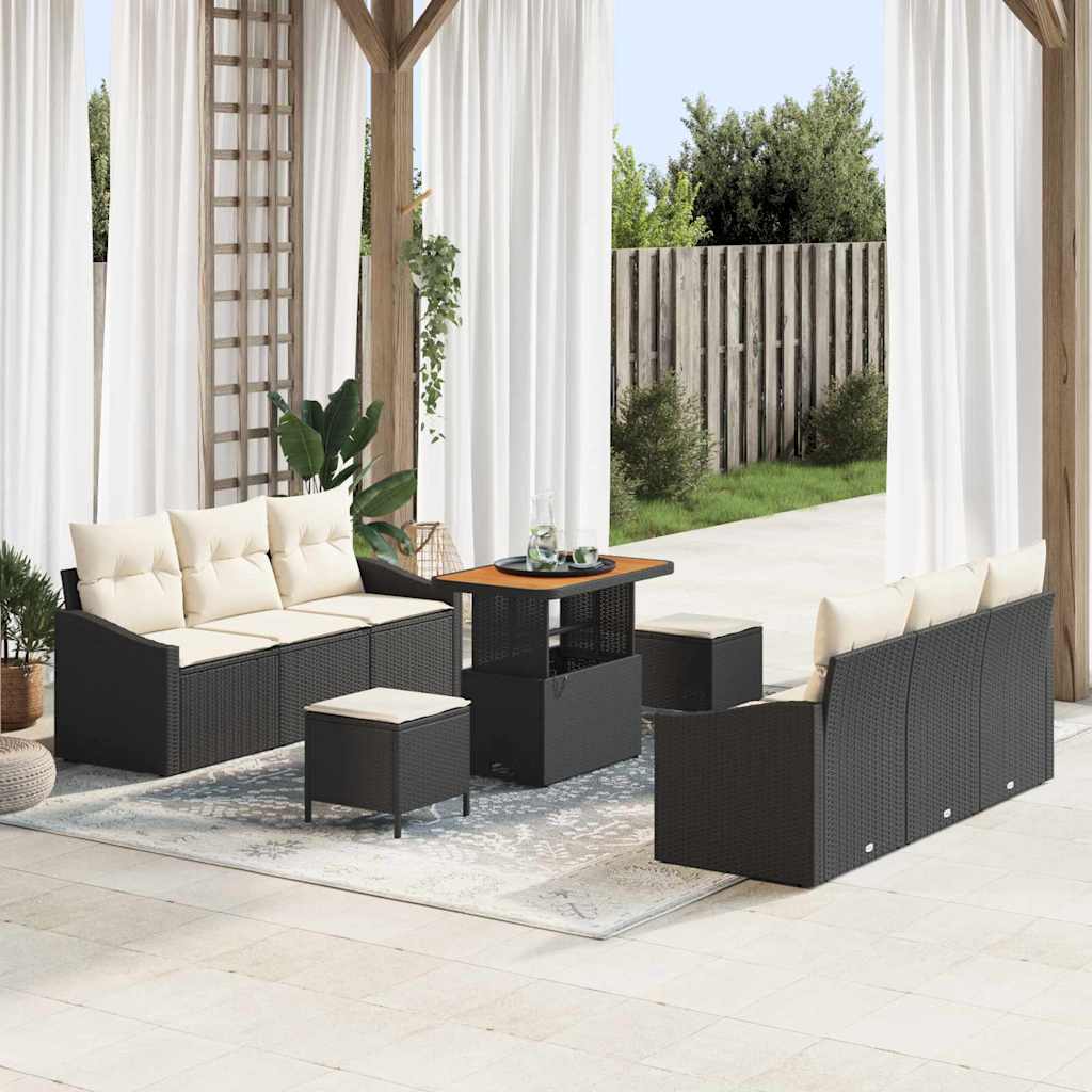 Garten-Sofa-Set mit Kissen mit Speicher 9 pcs Schwarz und Creme