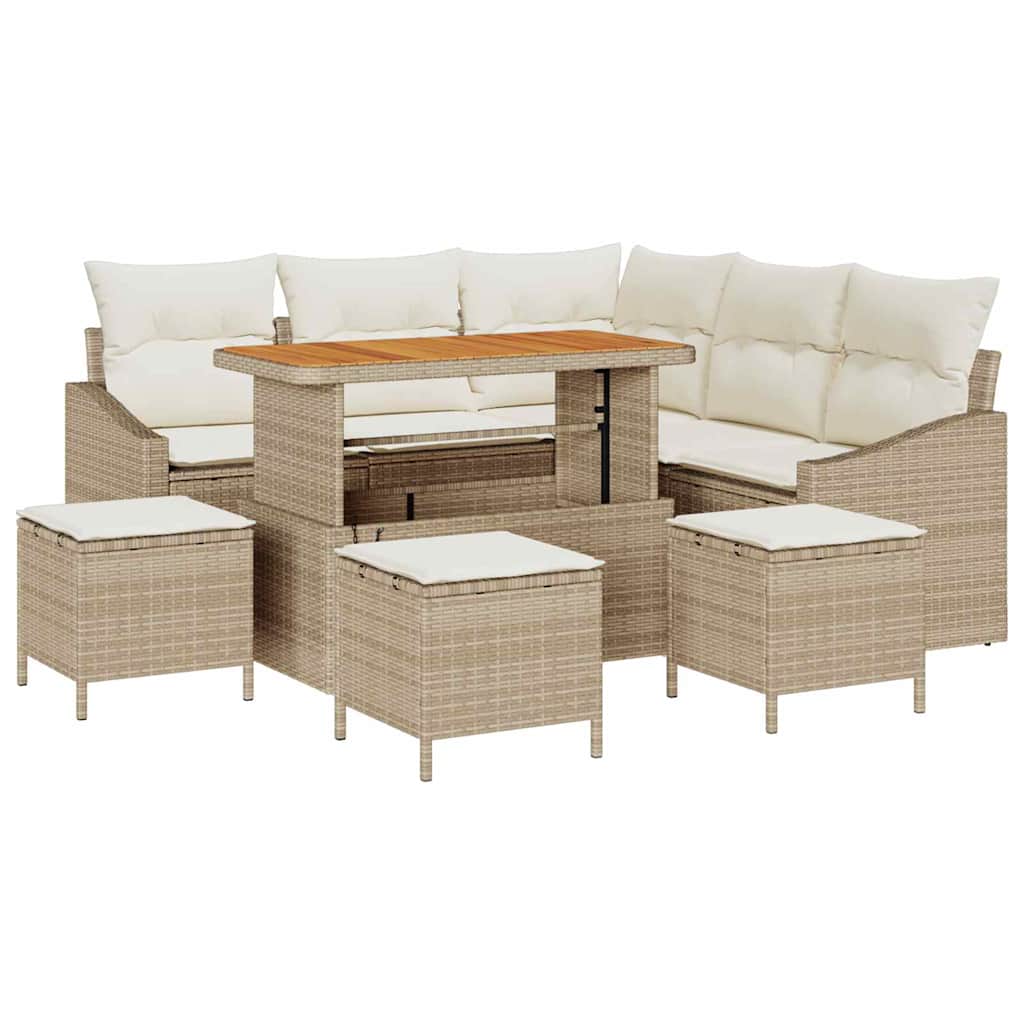 Gartensofa-set mit Kissen mit Speicher 9 pcs Beige Poly Rattan