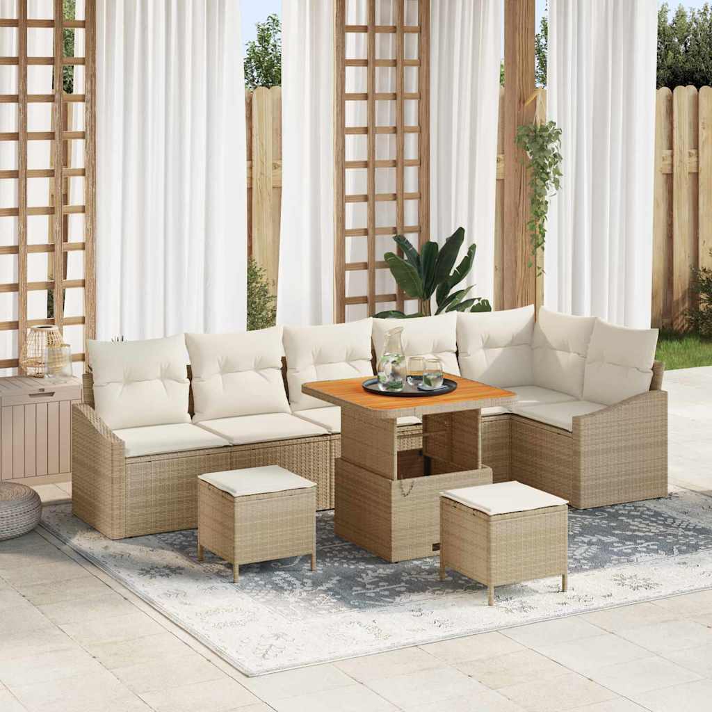 Gartensofa-set mit Kissen mit Speicher 9 pcs Beige Poly Rattan