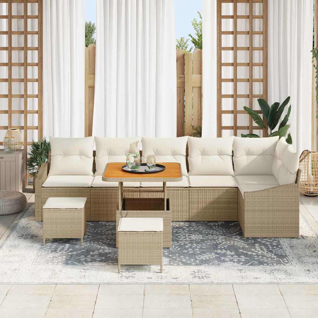 Gartensofa-set mit Kissen mit Speicher 9 pcs Beige Poly Rattan
