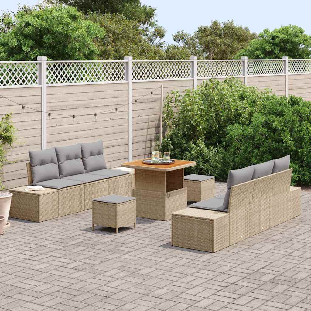 Gartensofa-set mit Kissen mit Speicher 9 pcs Beige Poly Rattan