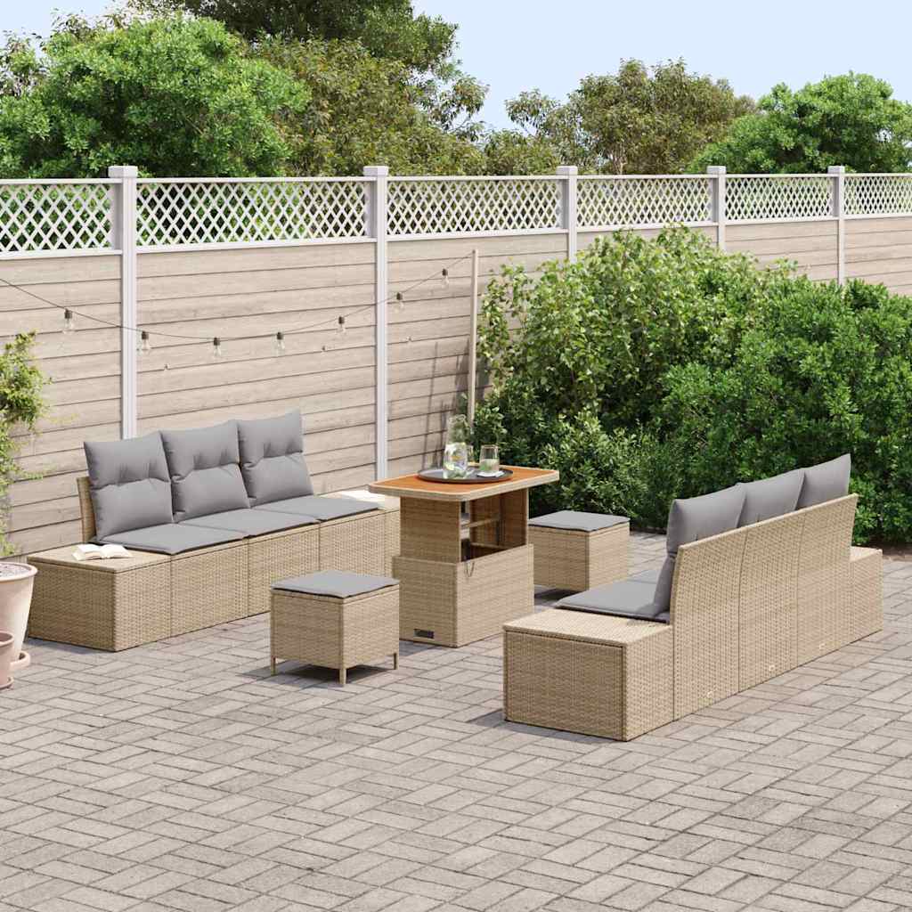 Gartensofa-set mit Kissen mit Speicher 9 pcs Beige Poly Rattan