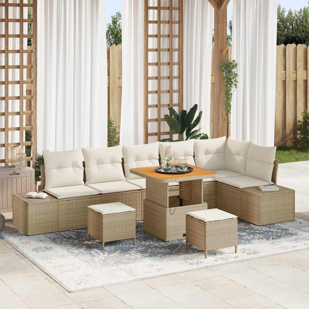 Gartensofa-set mit Kissen mit Speicher 9 pcs Beige Poly Rattan
