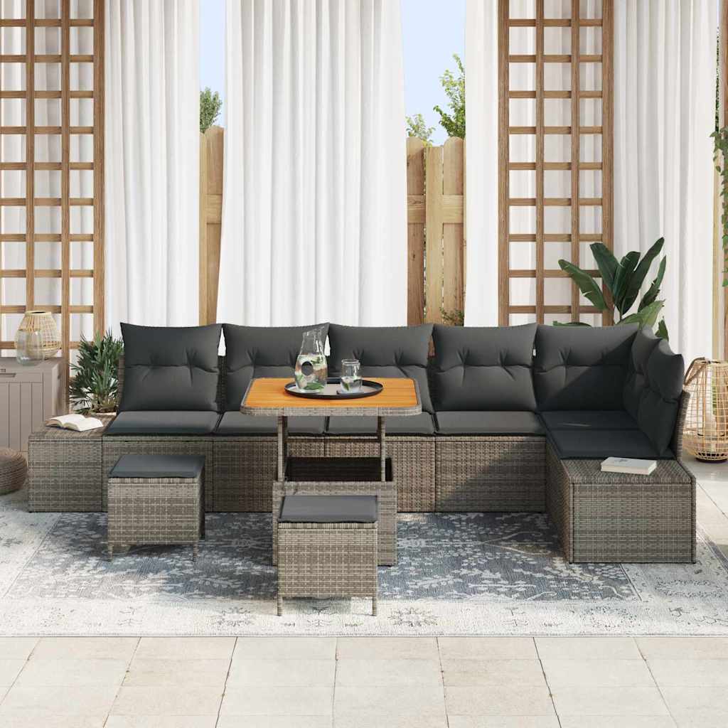 Gartensofa-set mit Kissen mit Speicher 9 pcs Grau Poly Rattan