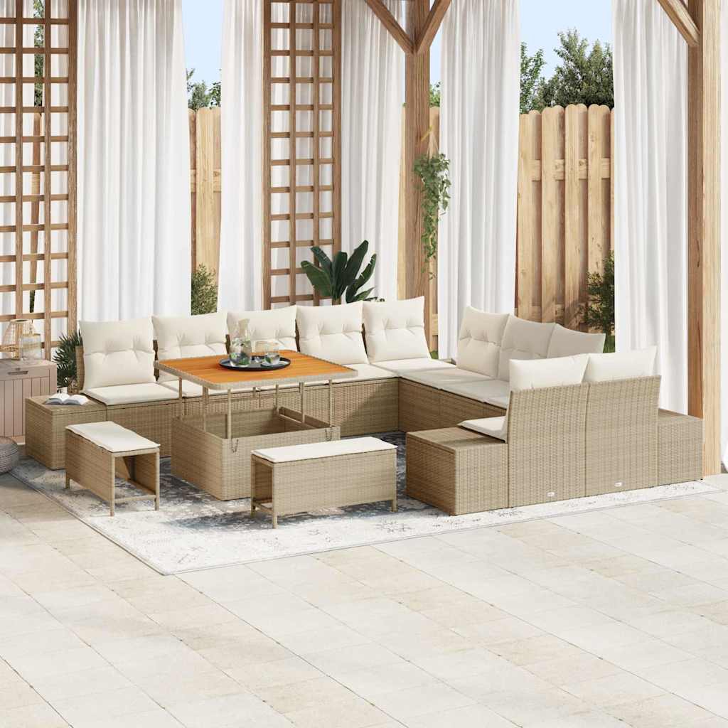 Gartensofa-set mit Kissen mit Speicher 13 pcs Beige Poly Rattan