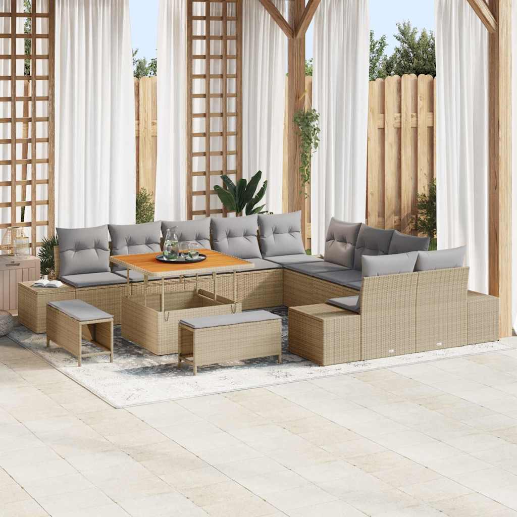 Gartensofa-set mit Kissen mit Speicher 13 pcs Beige Poly Rattan