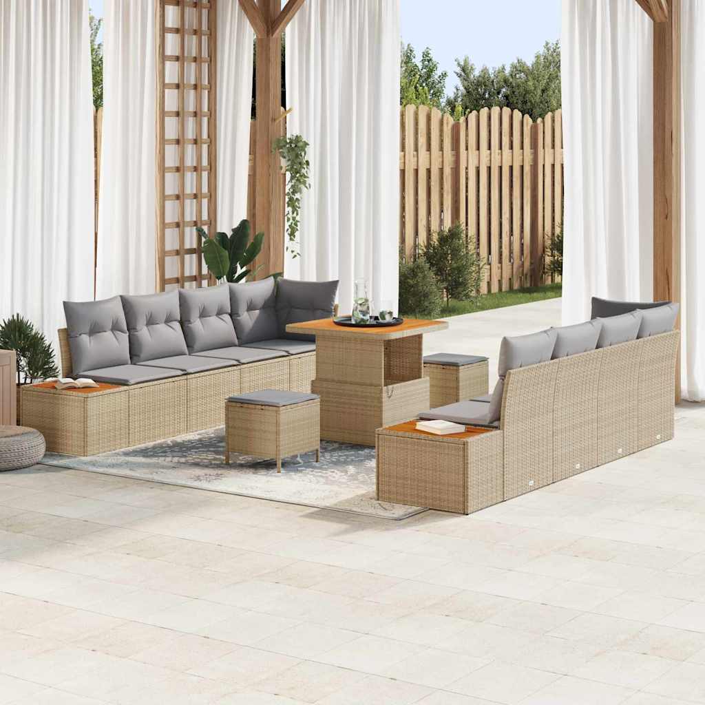 Gartensofa-set mit Kissen mit Speicher 11 pcs Beige Poly Rattan