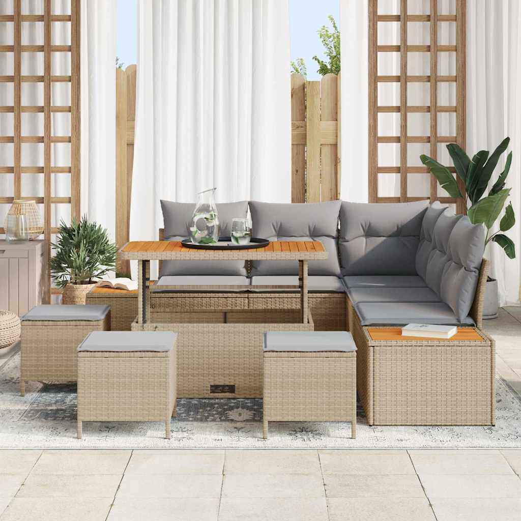 Gartensofa-set mit Kissen mit Speicher 9 pcs Beige Poly Rattan