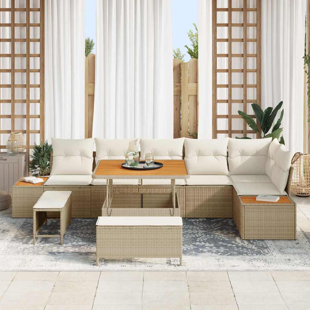 Gartensofa-set mit Kissen mit Speicher 9 pcs Beige Poly Rattan